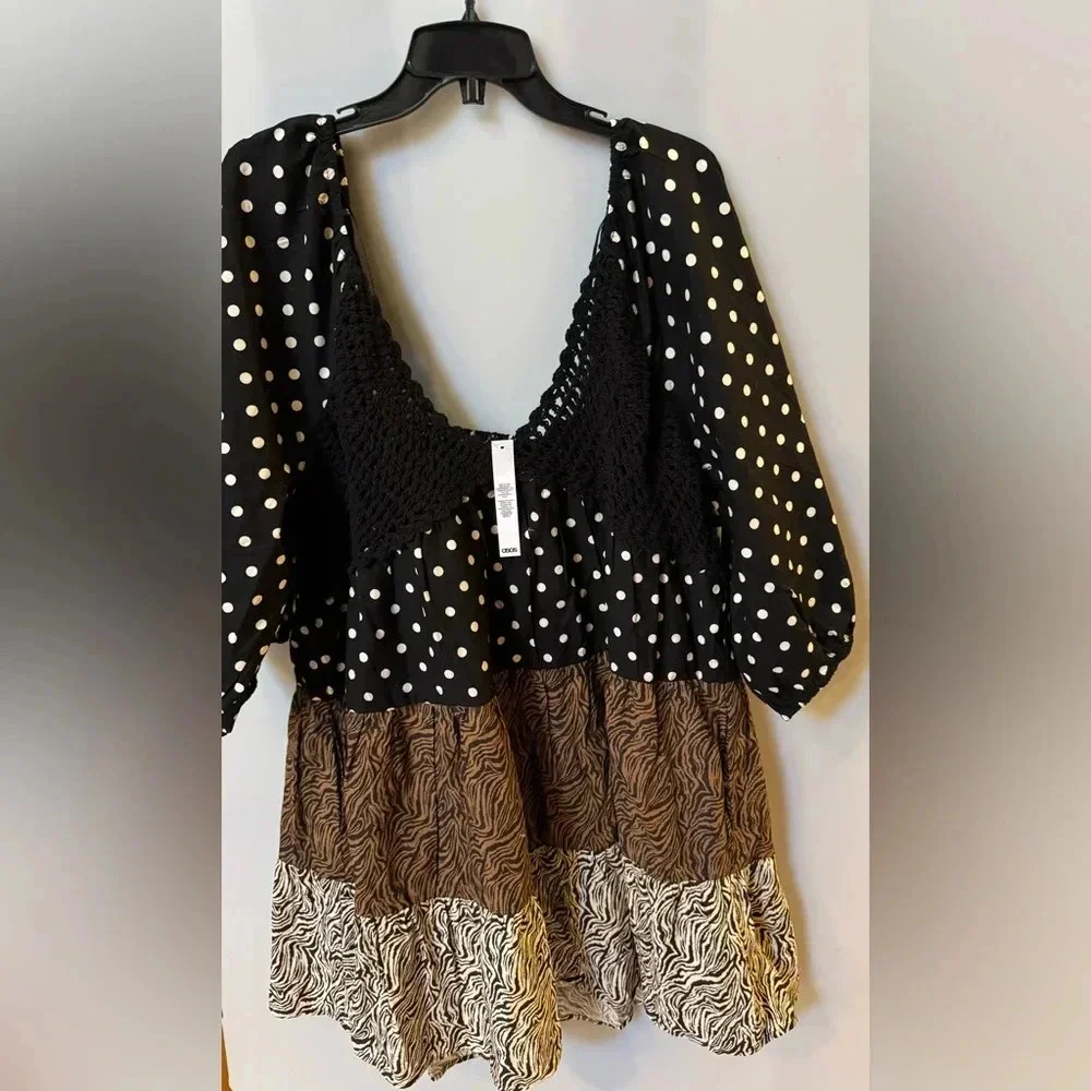 ASOS DESIGN crochet tiered babydoll mini dress in mixed animal print SZ 2O - Picture 6 of 9